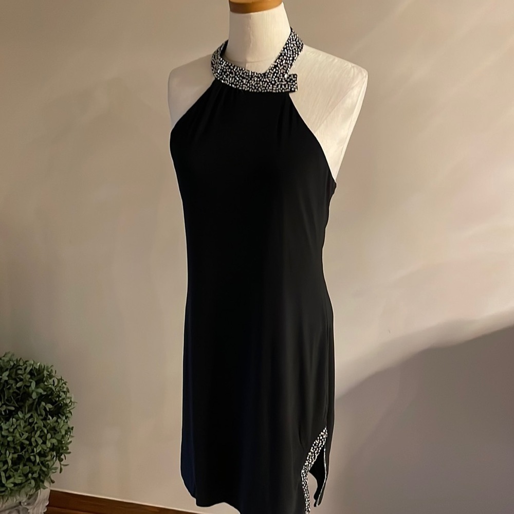 1. STATE cocktail black mini dress rhinestones halter neck/slit zipped open back - Picture 3 of 16